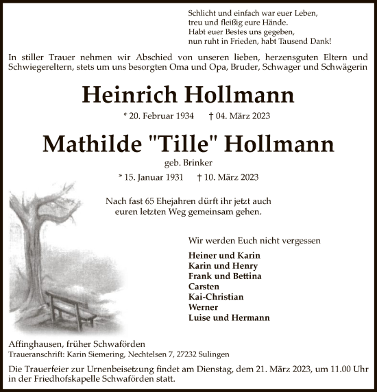 Traueranzeige von Heinrich und Mathilde Hollmann von SYK