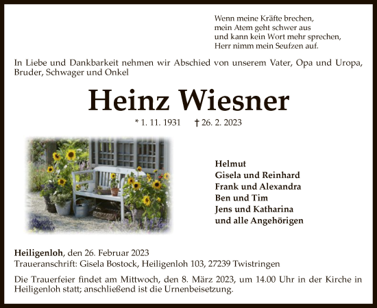 Traueranzeige von Heinz Wiesner von SYK