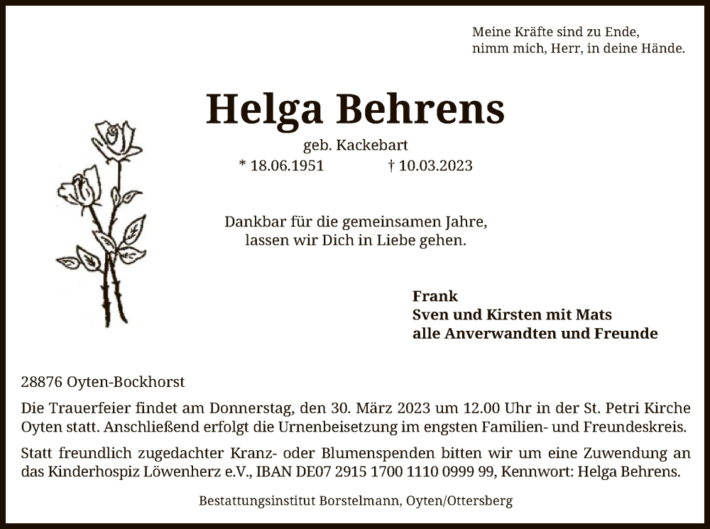 Traueranzeigen von Helga Behrens | trauer.kreiszeitung.de
