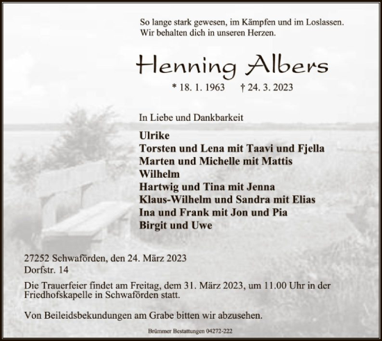 Traueranzeige von Henning Albers von SYK