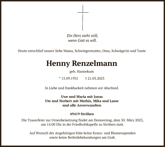 Traueranzeige von Henny Renzelmann von SYK