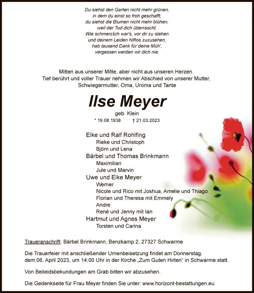  Traueranzeige für Ilse Meyer vom 31.03.2023 aus SYK