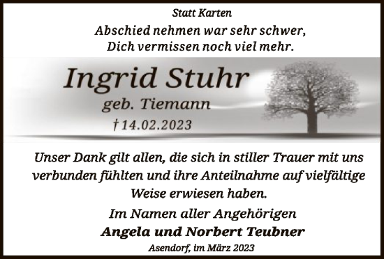 Traueranzeige von Ingrid Stuhr von SYK