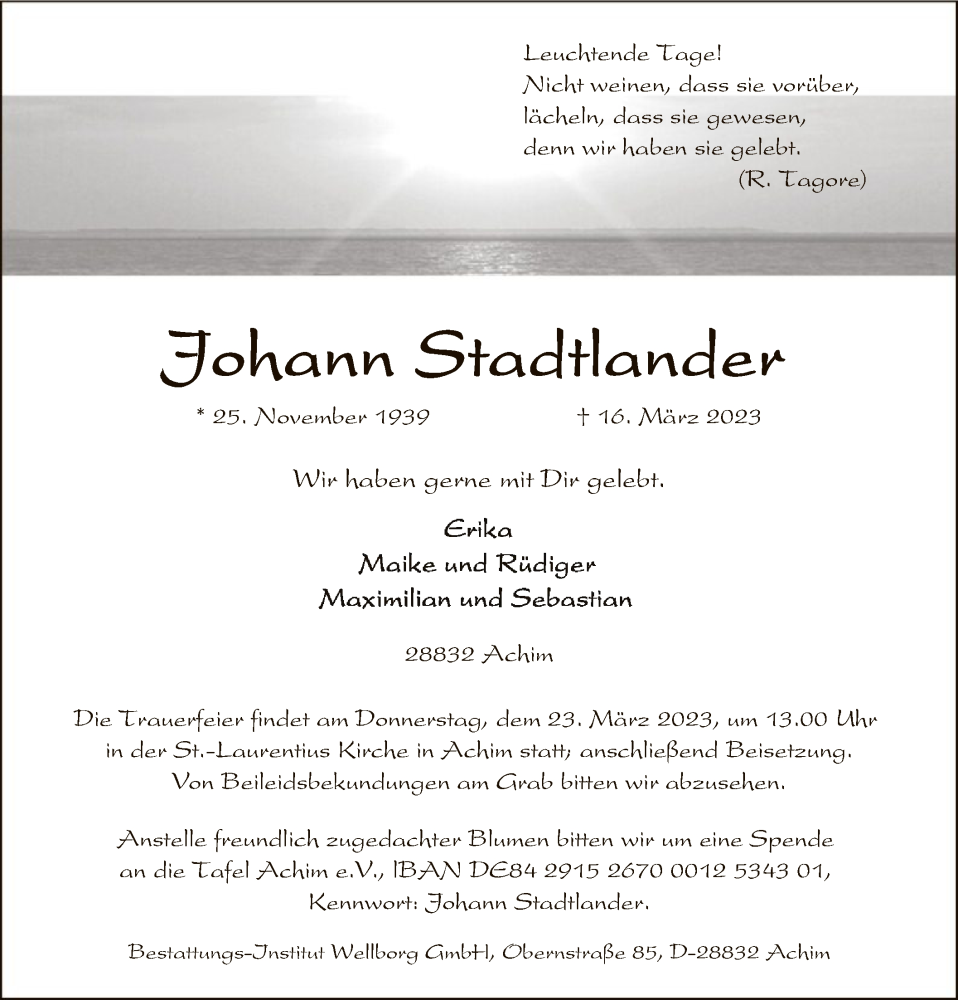  Traueranzeige für Johann Stadtlander vom 21.03.2023 aus SYK