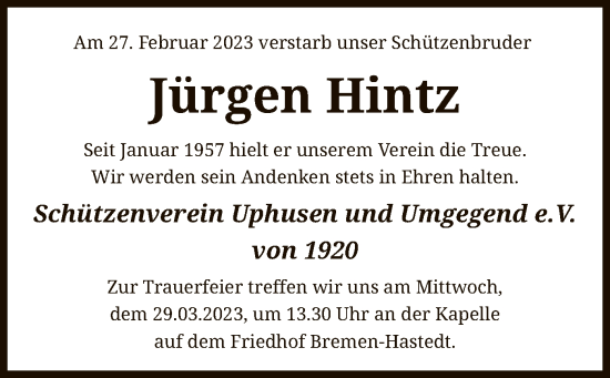 Traueranzeige von Jürgen Hintz von SYK