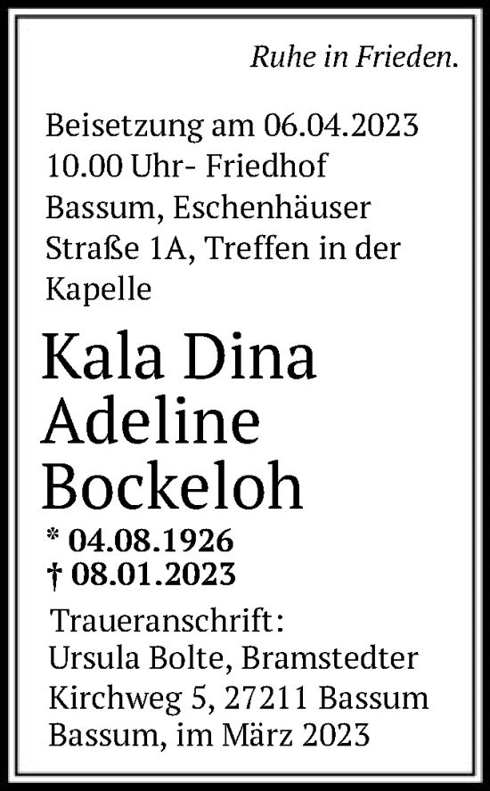 Traueranzeige von Kala Dina Adeline Bockeloh von SYK