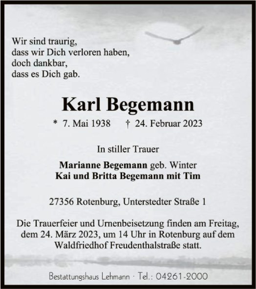  Traueranzeige für Karl Begernann vom 18.03.2023 aus SYK