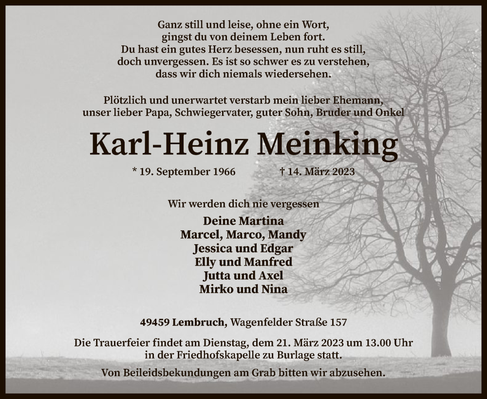  Traueranzeige für Karl-Heinz Meinking vom 18.03.2023 aus SYK