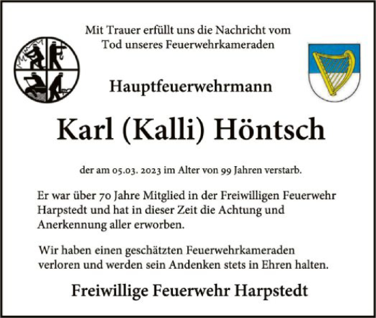 Traueranzeige von Karl Höntsch von SYK