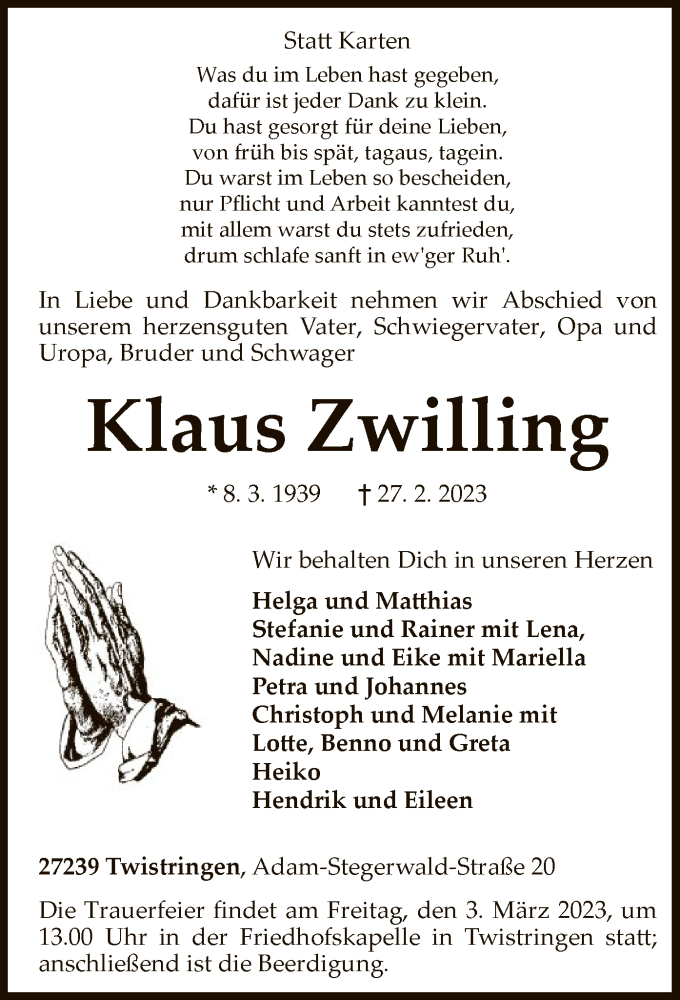  Traueranzeige für Klaus Zwilling vom 01.03.2023 aus SYK