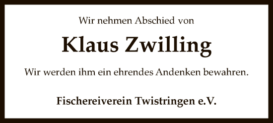 Traueranzeige von Klaus Zwilling von SYK