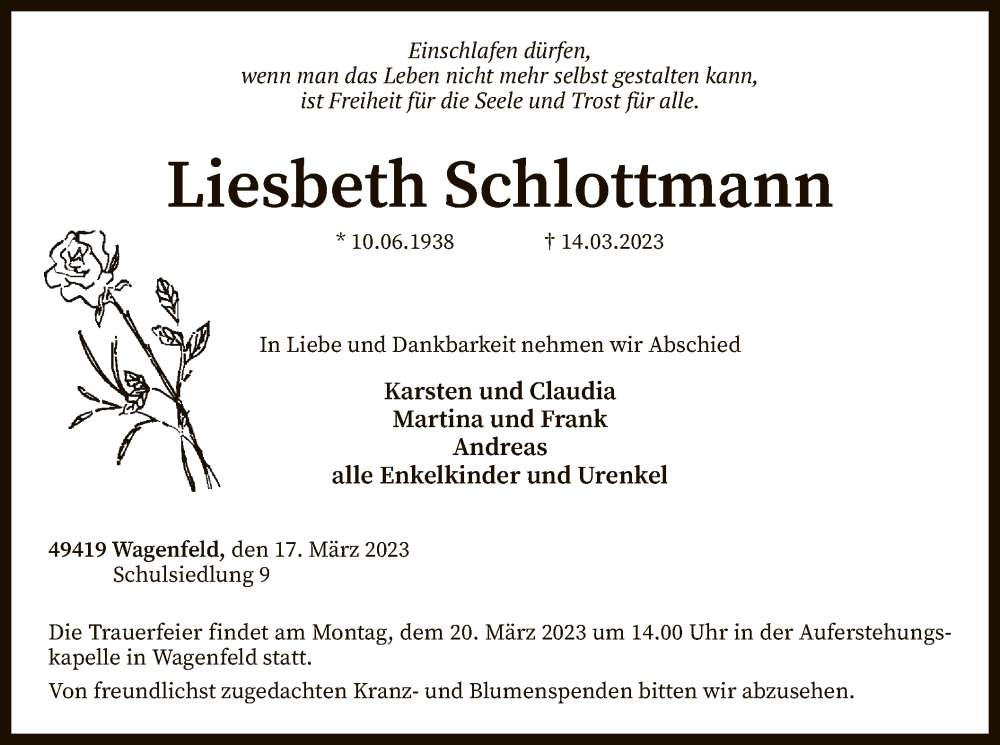  Traueranzeige für Liesbeth Schlottmann vom 17.03.2023 aus SYK