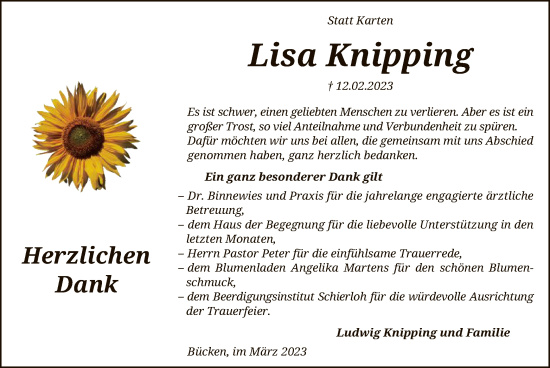 Traueranzeige von Lisa Knipping von SYK