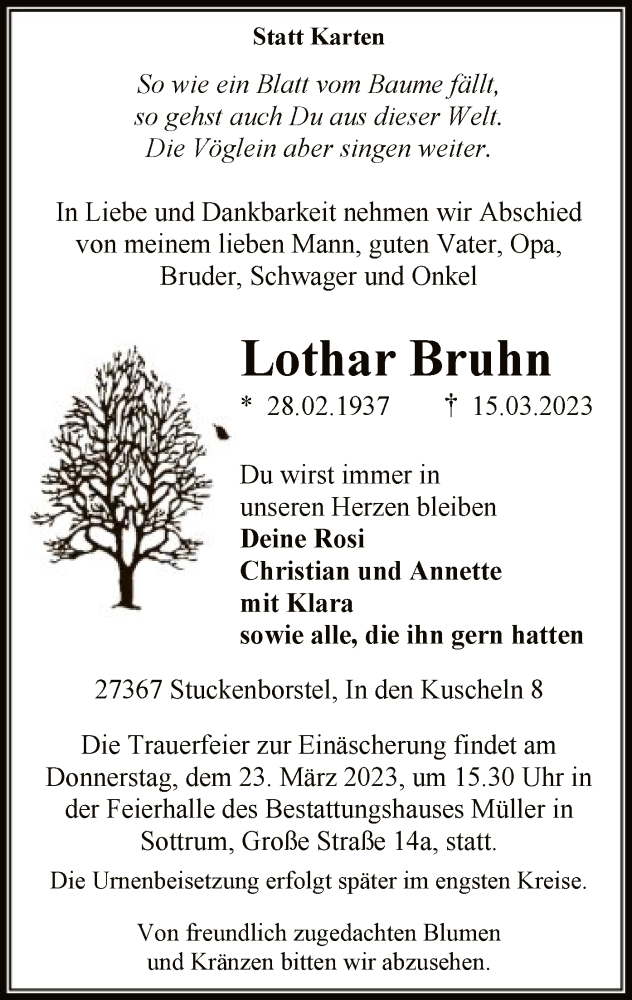 Traueranzeige für Lothar Bruhn vom 18.03.2023 aus SYK