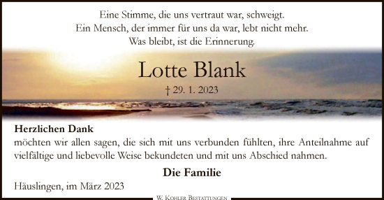 Traueranzeige von Lotte Blank von SYK