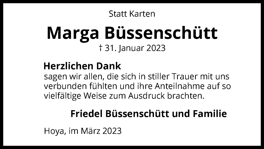  Traueranzeige für Marga Büssenschütt vom 31.03.2023 aus SYK