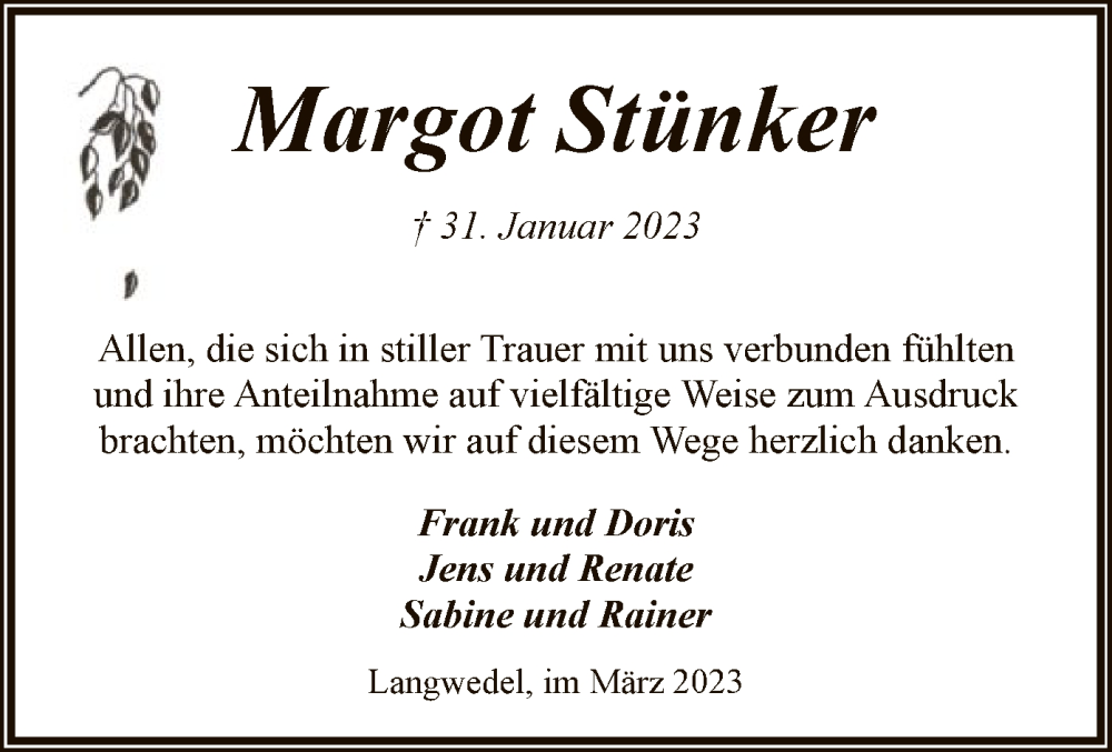  Traueranzeige für Margot Stünker vom 11.03.2023 aus SYK