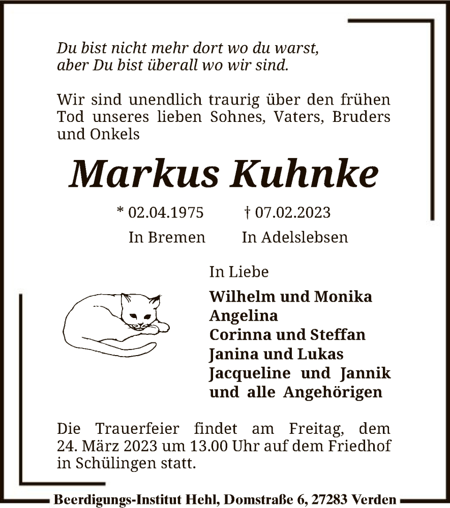  Traueranzeige für Markus Kuhnke vom 18.03.2023 aus SYK