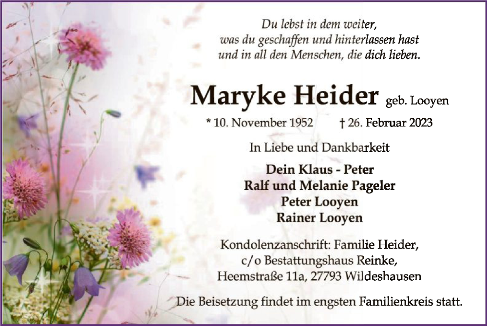  Traueranzeige für Maryke Heider vom 04.03.2023 aus SYK
