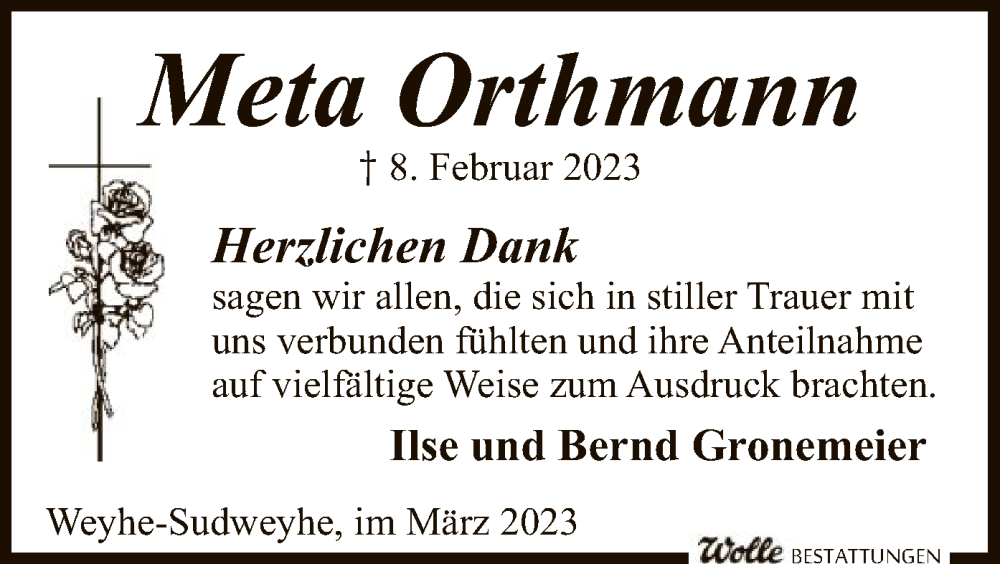  Traueranzeige für Meta Orthmann vom 10.03.2023 aus SYK