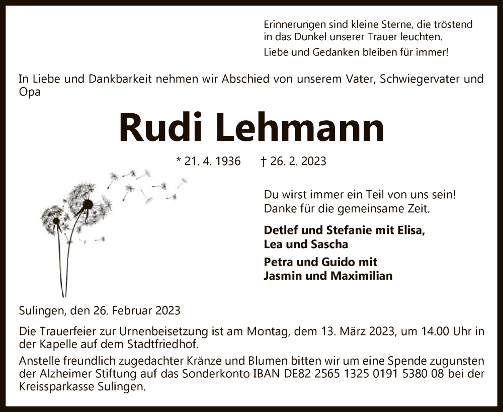  Traueranzeige für Rudi Lehmann vom 04.03.2023 aus SYK