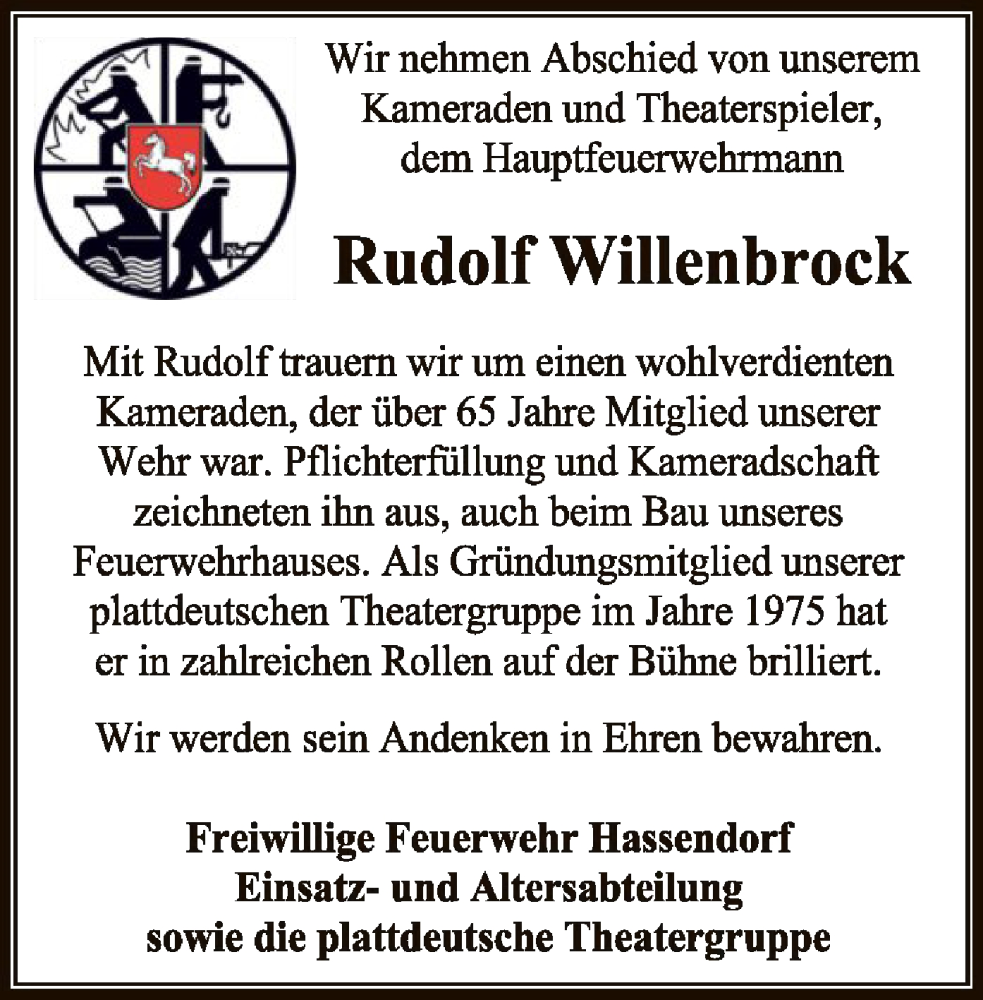  Traueranzeige für Rudolf Willenbrock vom 18.03.2023 aus SYK