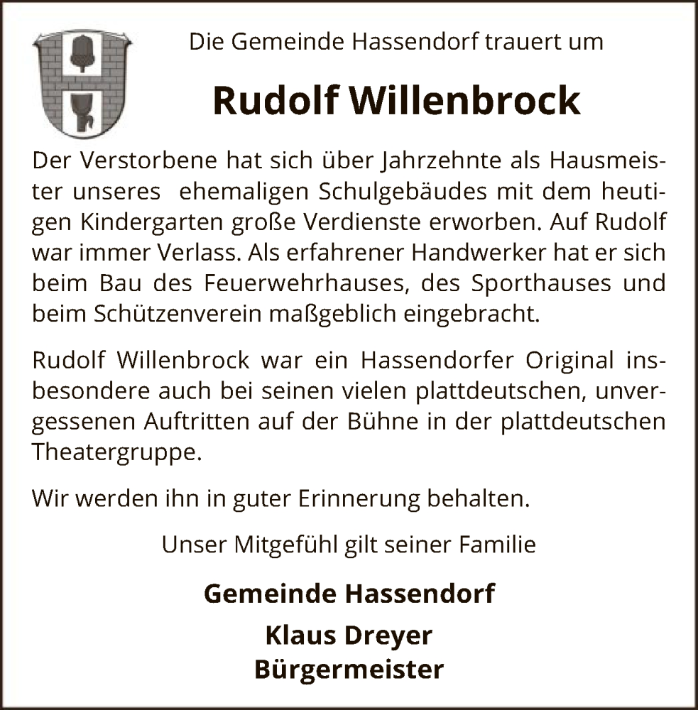  Traueranzeige für Rudolf Willenbrock vom 18.03.2023 aus SYK