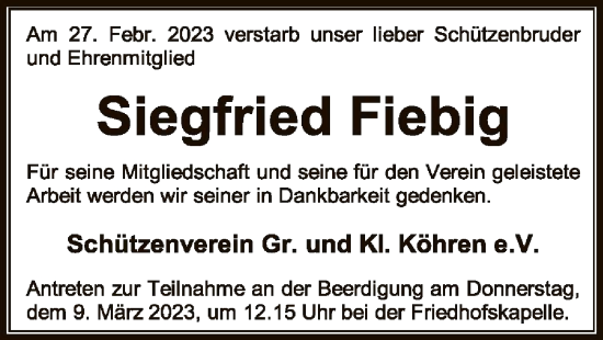 Traueranzeige von Siegfried Fiebig von SYK