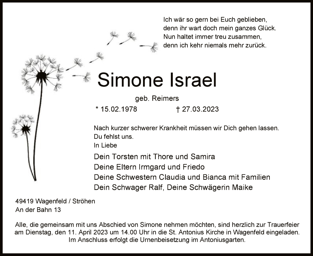  Traueranzeige für Simone Israel vom 30.03.2023 aus SYK