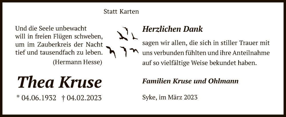  Traueranzeige für Thea Kruse vom 11.03.2023 aus SYK