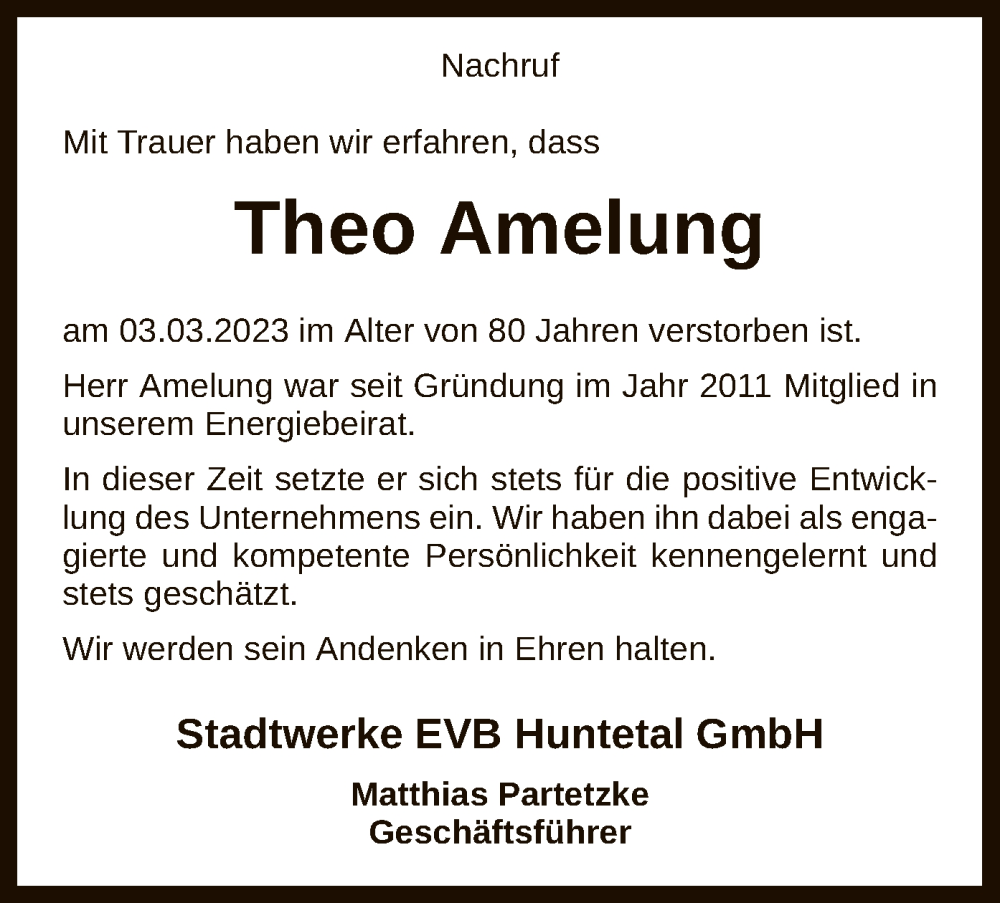  Traueranzeige für Theo Amelung vom 11.03.2023 aus SYK