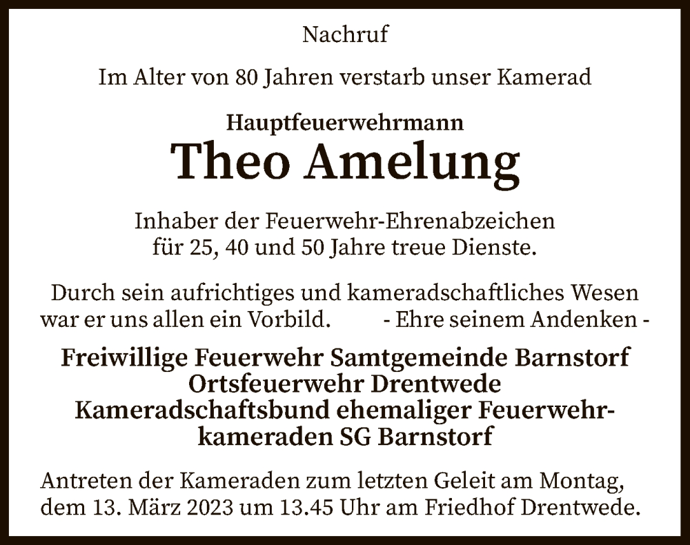  Traueranzeige für Theo Amelung vom 11.03.2023 aus SYK