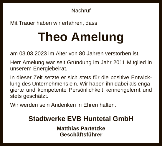 Traueranzeige von Theo Amelung von SYK