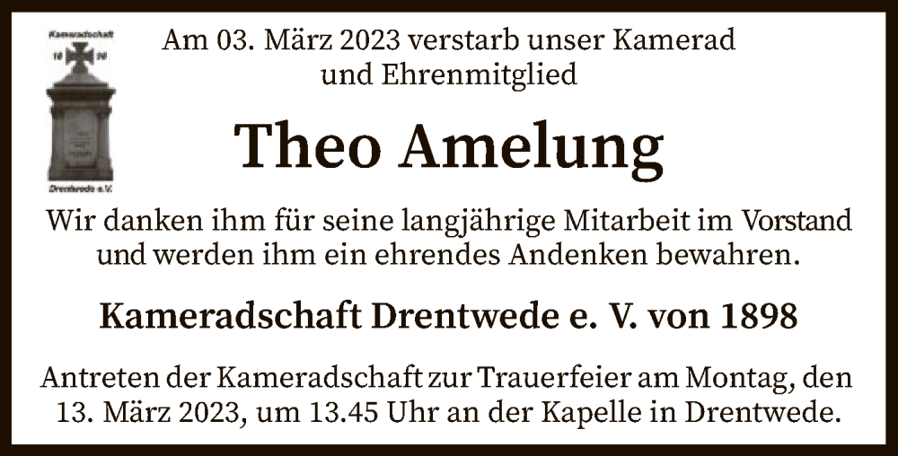  Traueranzeige für Theo Amelung vom 10.03.2023 aus SYK