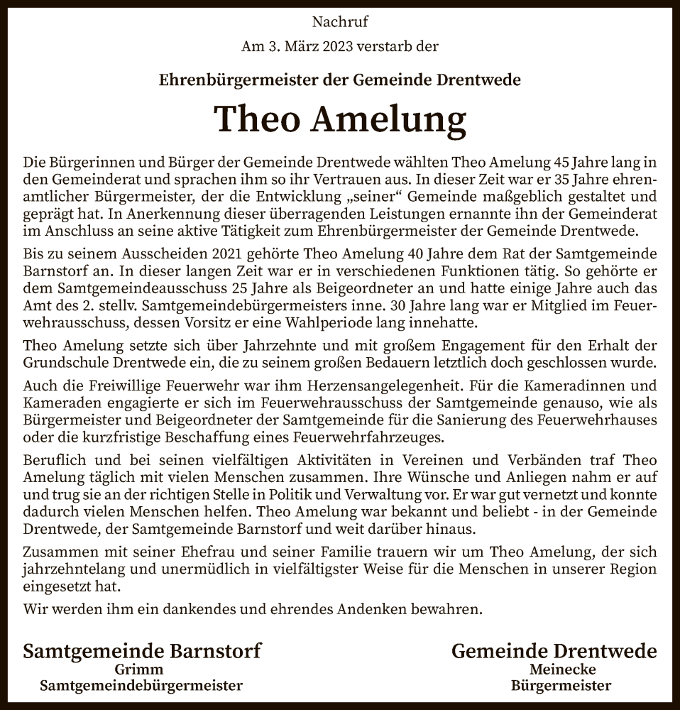  Traueranzeige für Theo Amelung vom 11.03.2023 aus SYK