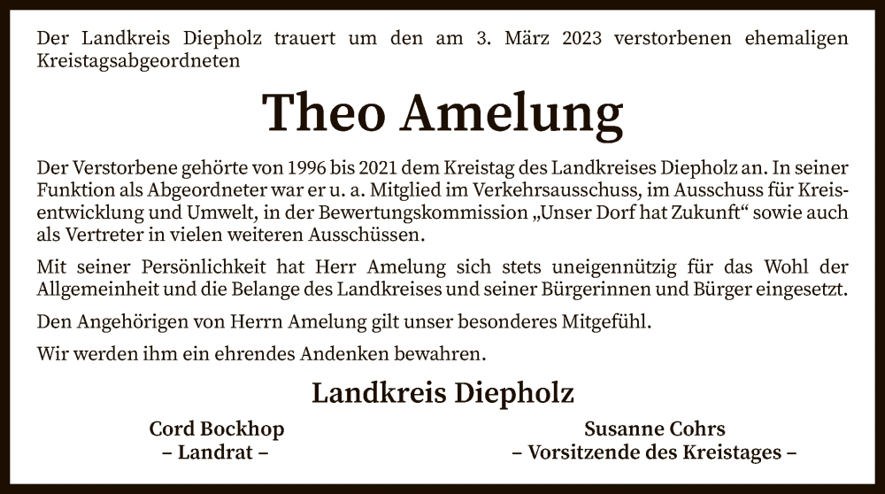  Traueranzeige für Theo Amelung vom 11.03.2023 aus SYK