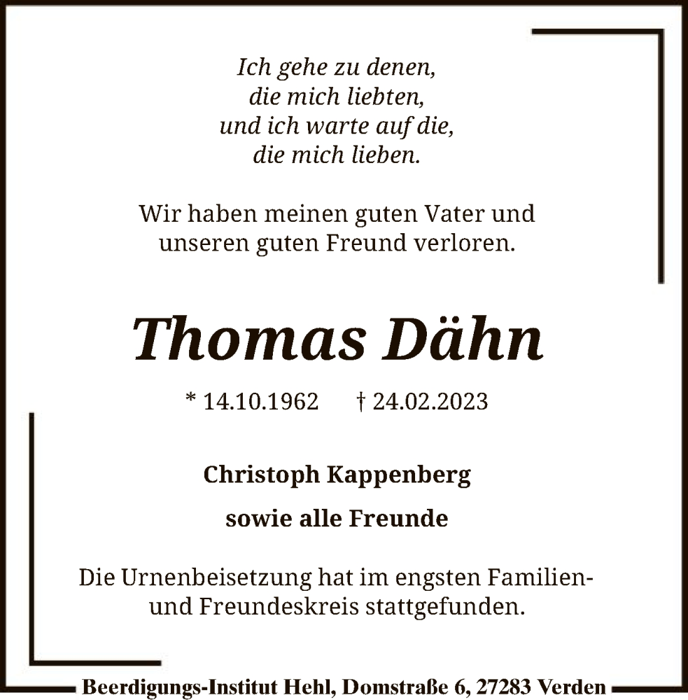  Traueranzeige für Thomas Dähn vom 18.03.2023 aus SYK