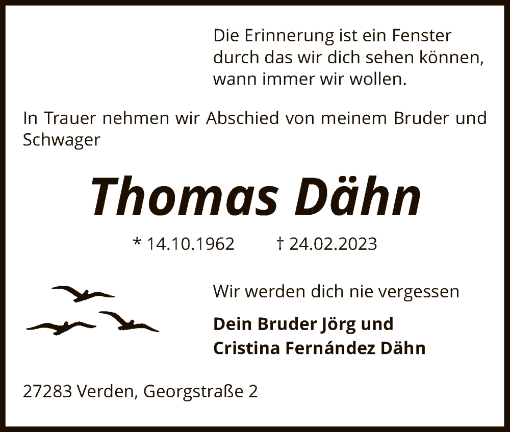  Traueranzeige für Thomas Dähn vom 11.03.2023 aus SYK