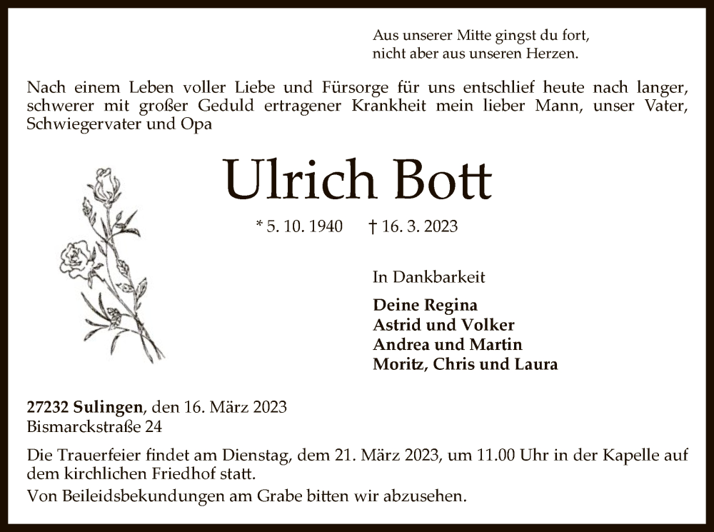  Traueranzeige für Ulrich Bott vom 18.03.2023 aus SYK