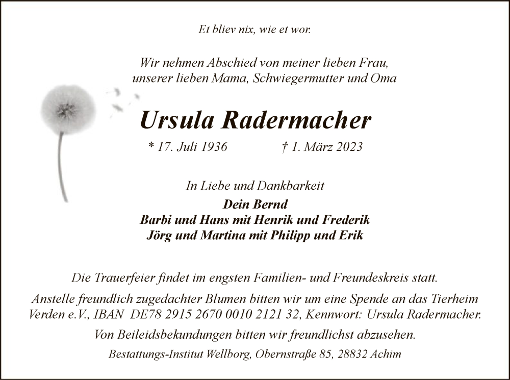  Traueranzeige für Ursula Radermacher vom 18.03.2023 aus SYK