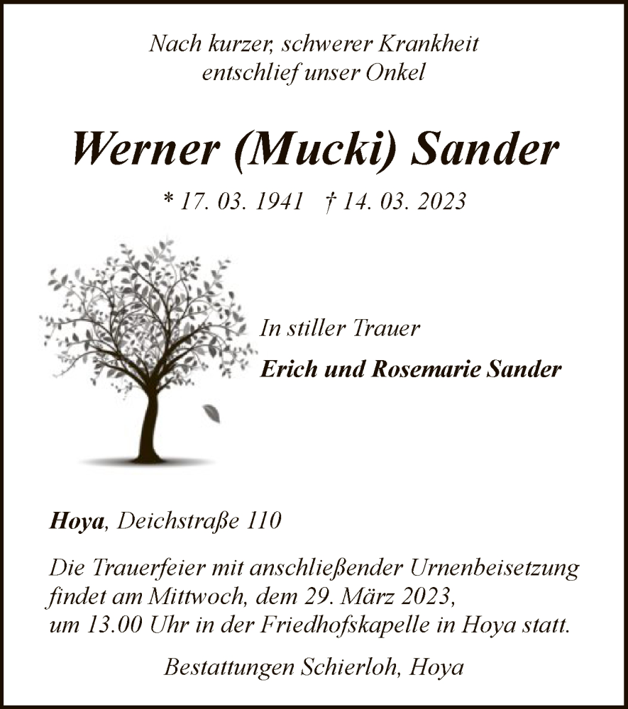  Traueranzeige für Werner Sander vom 18.03.2023 aus SYK