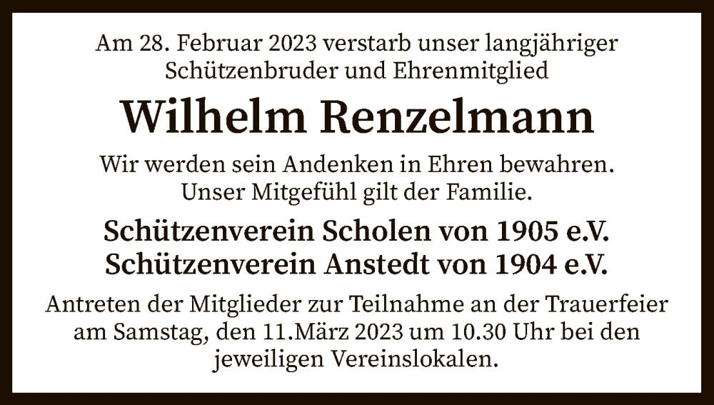  Traueranzeige für Wilhelm Renzelmann vom 08.03.2023 aus SYK