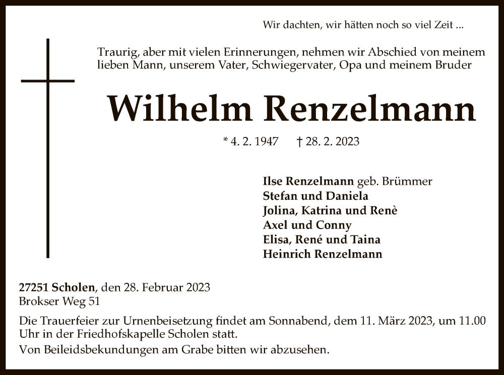  Traueranzeige für Wilhelm Renzelmann vom 07.03.2023 aus SYK