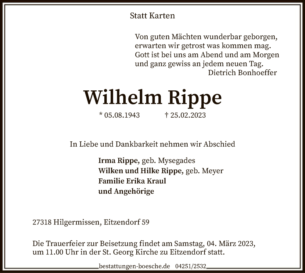  Traueranzeige für Wilhelm Rippe vom 01.03.2023 aus SYK