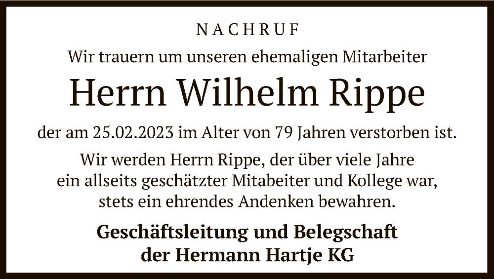  Traueranzeige für Wilhelm Rippe vom 04.03.2023 aus SYK
