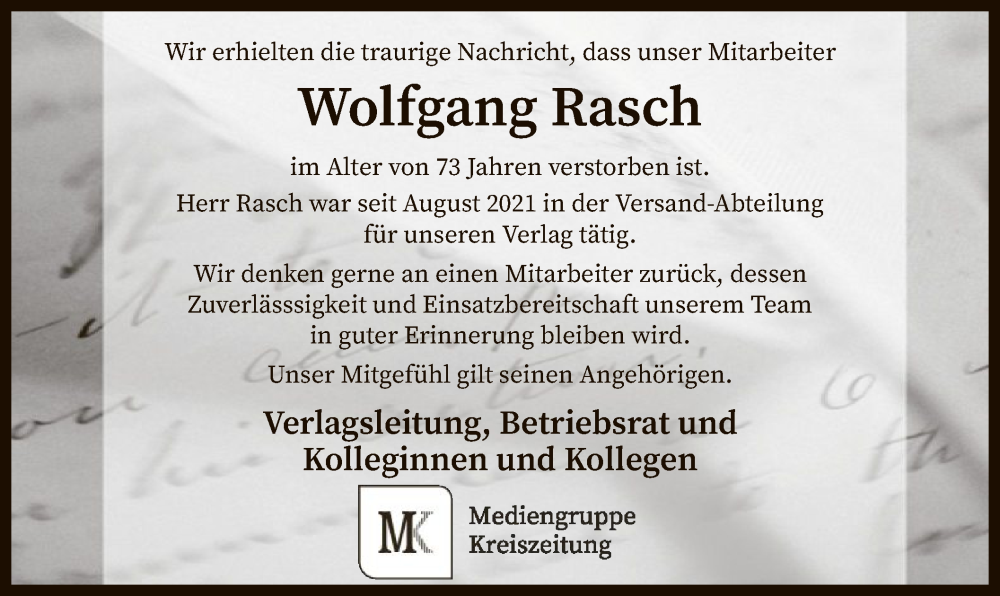  Traueranzeige für Wolfgang Rasch vom 18.03.2023 aus SYK