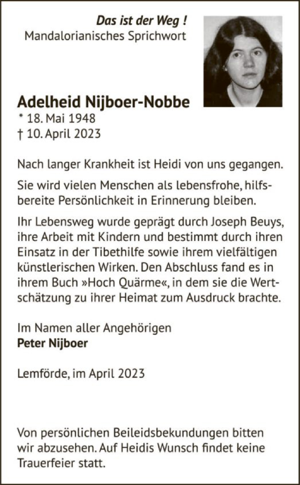  Traueranzeige für Adelheid Nijboer-Nobbe vom 15.04.2023 aus SYK