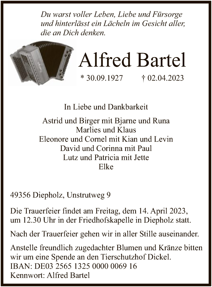  Traueranzeige für Alfred Bartel vom 05.04.2023 aus SYK