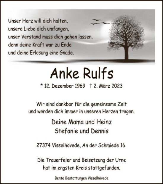 Traueranzeige von Anke Rulfs von SYK