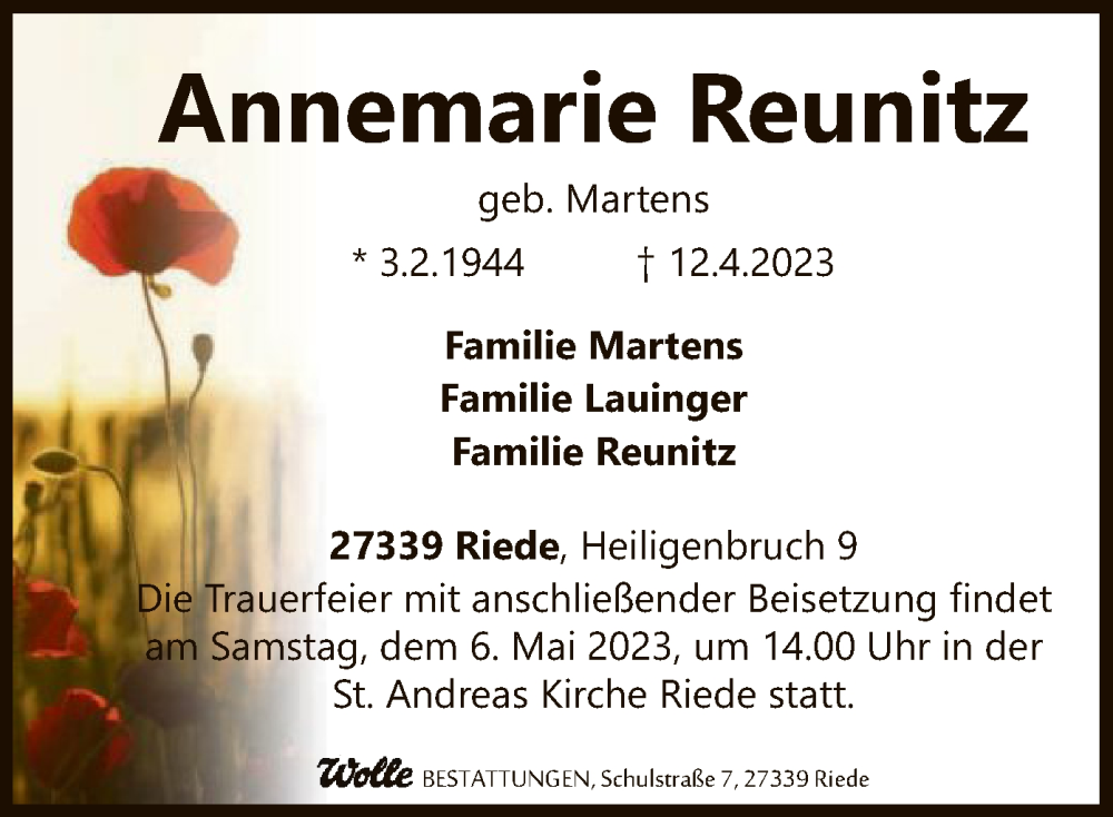  Traueranzeige für Annemarie Reunitz vom 22.04.2023 aus SYK